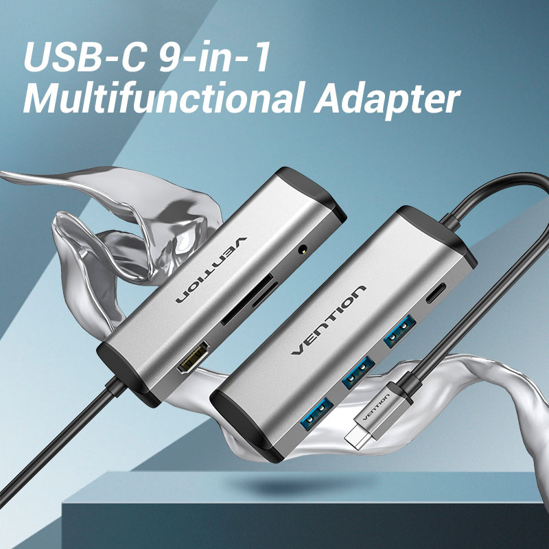 USB HUB док станция Vention 9 в 1 USB Type-C to HDMI, 3*USB, SD, TF, RJ45, 3.5 mm, PD (THAHB)