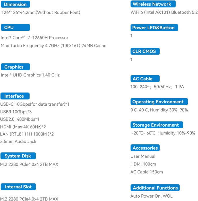 Мини ПК Beelink EQi12-LP, Intel Core i7-12650H 24Gb 500Gb