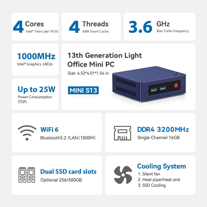 Мини ПК Beelink Mini S13, Intel Twin Lake N150 3.6GHz, 16G DDR4 500GB M.2 SSD
