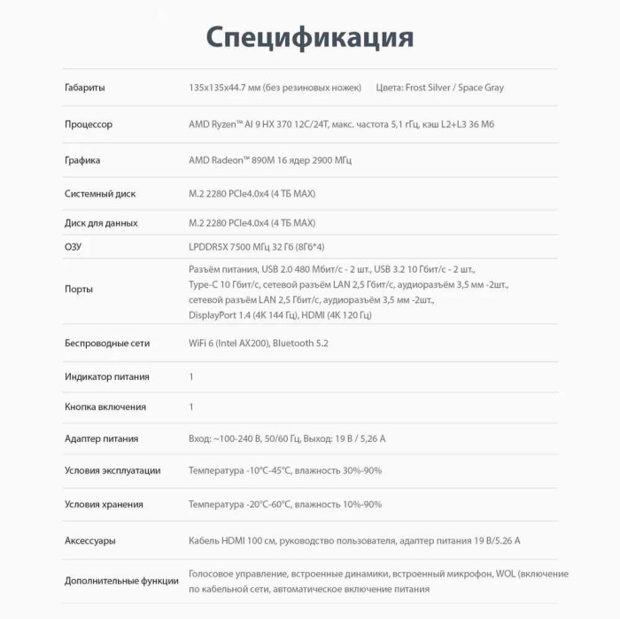 Мини ПК Beelink SER9, Ryzen AI 9 HX370, 32Gb/1TB (64Gb/2Tb)