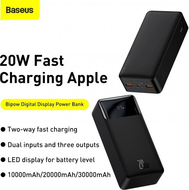 Повербанк Baseus Bipow Digital Display Powerbank 20W 30000mAh Black