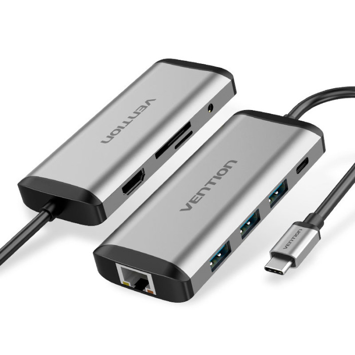 USB HUB док станция Vention 9 в 1 USB Type-C to HDMI, 3*USB, SD, TF, RJ45, 3.5 mm, PD (THAHB)